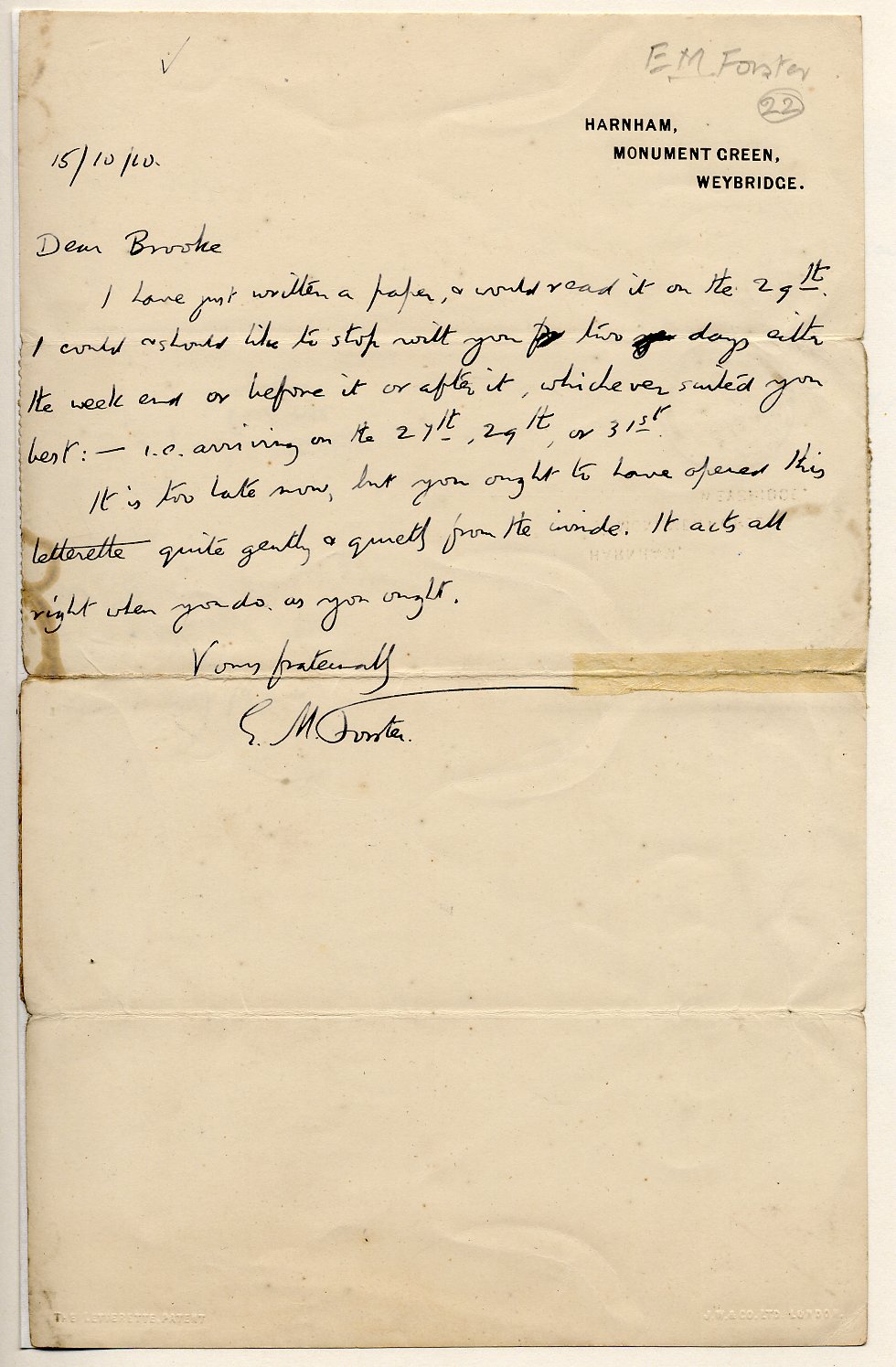 Letter from E.M. Forster to Rupert Brooke, 15 October 1910. Archive Centre, King’s College, Cambridge. RCB/L/1/22