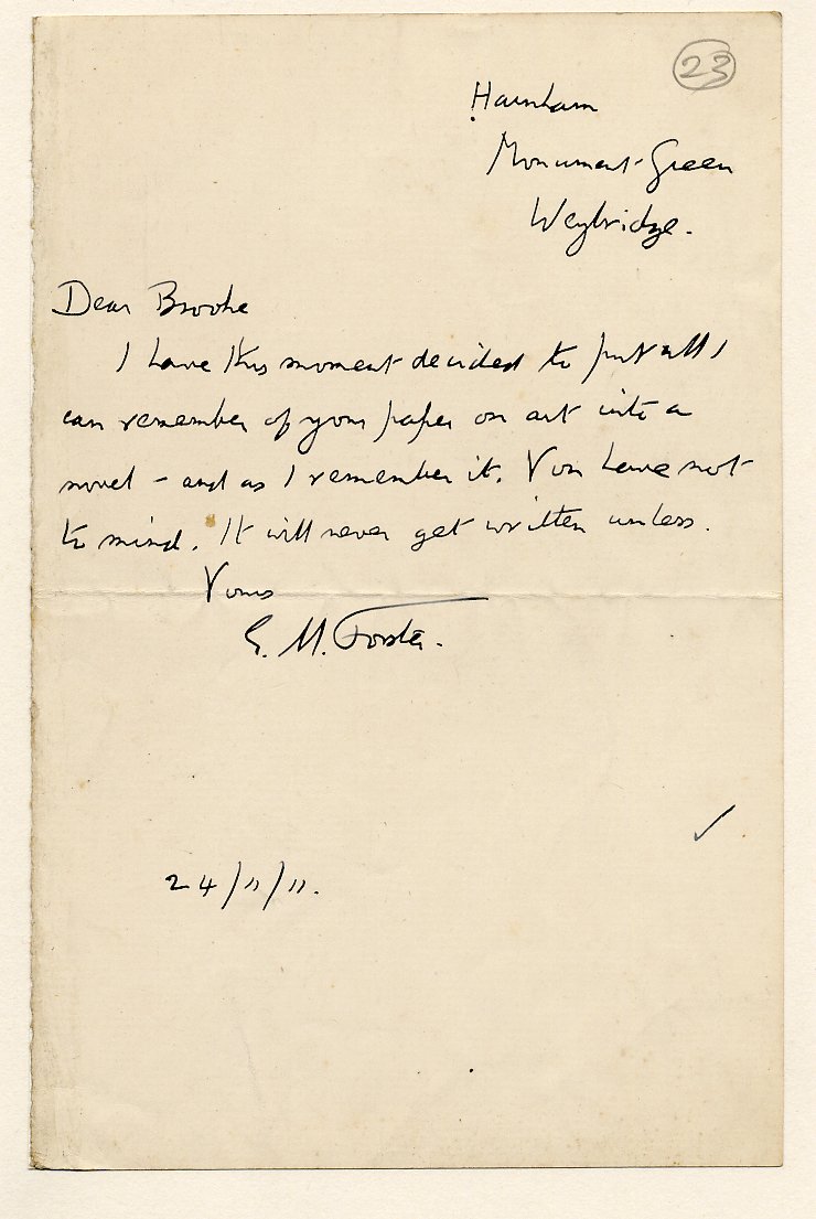 Letter from E.M. Forster to Rupert Brooke, dated 24 November 1911. Archive Centre, King’s College, Cambridge. RCB/L/1/23