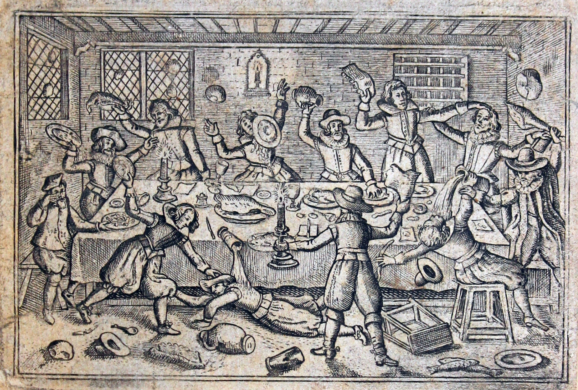 Etching depicting food fight the_counter_scuffle_crop