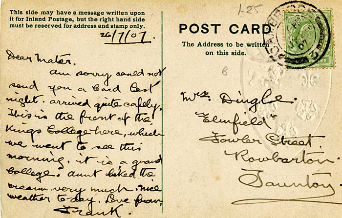 Postcard from Frank Dingle to his mother (26 July 1907)