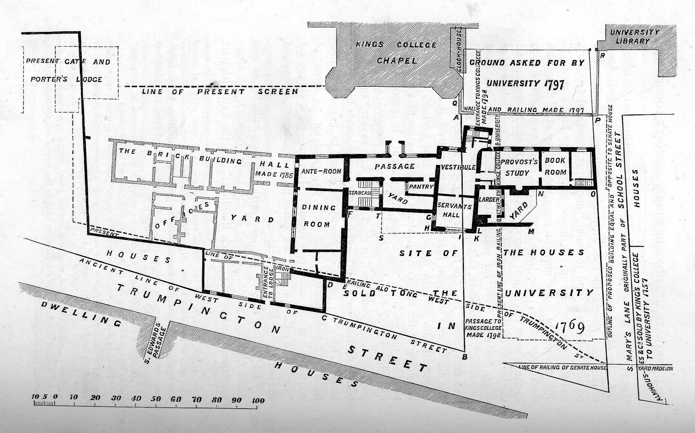 Approximate ground plan of the Provost’s Lodge when the Queen visited. The brick building was built in the 17th century, over a part of the Lodge. (Willis and Clark fig 54 p 545) Approximate ground plan of the Provost’s Lodge when the Queen visited. The brick building was built in the 17th century, over a part of the Lodge. (Willis and Clark fig 54 p 545)
