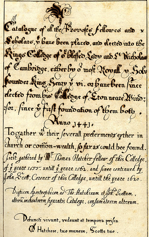 Title page of 16th century catalogue of Kingsmen (KCAC/1/1/11)