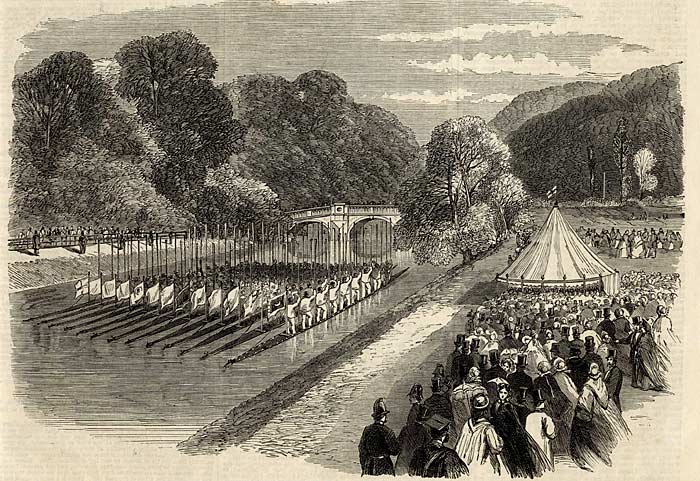 Engraving of boats on the River Cam to mark the Prince and Princess of Wales' visit to Cambridge, 1894. (KCHR/4/1) Engraving of boats on the River Cam to mark the Prince and Princess of Wales' visit to Cambridge, 1894. (KCHR/4/1)