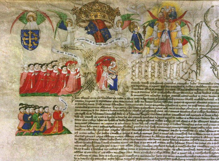 Foundation charter by Henry VI, granting lands and privileges to benefit his College of St. Nicholas and Our Lady at Cambridge, 1446. (KC/18)