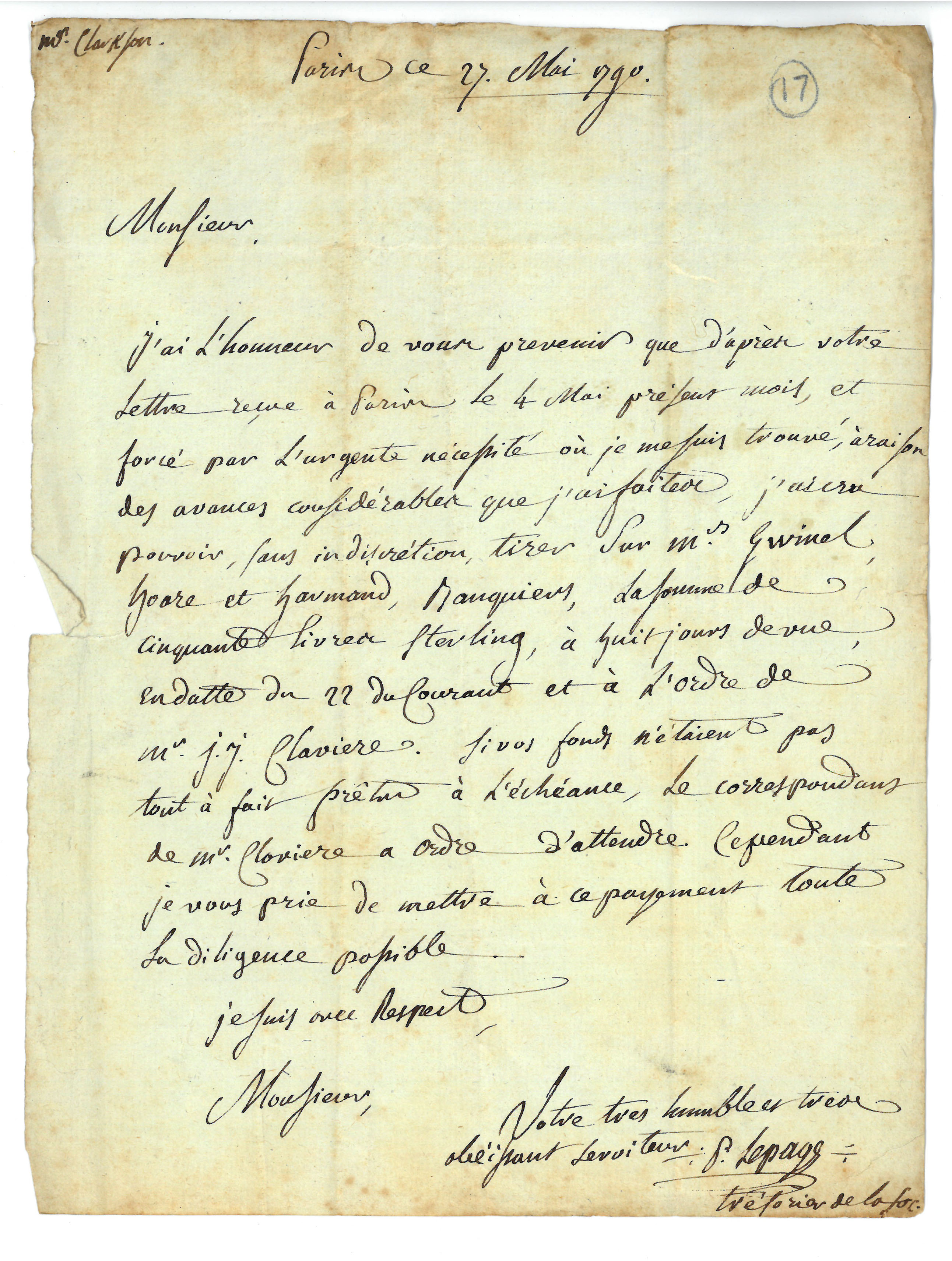 A signed letter, written in French, from P. Lepage, Treasurer of the Societe des Amis des Noirs, to Thomas Clarkson. Paris, 27 May 1790. St. John’s College Library, Cambridge. Doc 17