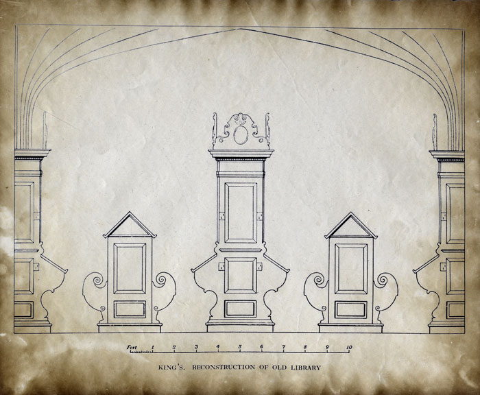 Photostat of a cross-section of the furnishings of the Chapel Library, undated, inverted for this website (Coll Photo 1097) Photostat of a cross-section of the furnishings of the Chapel Library, undated, inverted for this website (Coll Photo 1097)