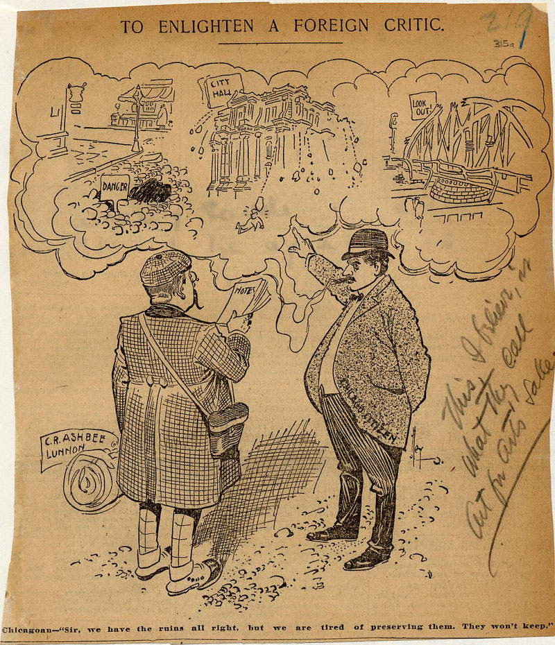 Satirical drawing of C.R. Ashbee, the ‘foreign critic’, during a visit to Chicago, 1900. [CRA/1/7, f.315a]