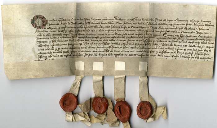Part of the conveyance of lands in Grantchester, Cottenham and others in Cambridge from the executors of Henry Somer to King’s College.  20 March 1452. (GRA/11)