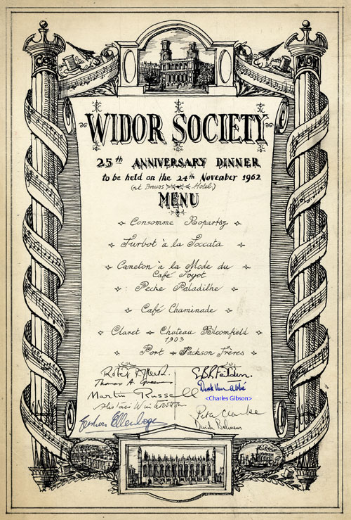 Menu for the Widor Society's 25th Anniversary dinner, 24 November 1962 (KCAS/21/4) Menu for the Widor Society's 25th Anniversary dinner, 24 November 1962 (KCAS/21/4)