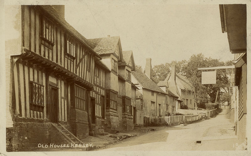 ‘Old Houses, Kersey’, postcard sent to the First Bursar, 1910. (KCE/298)