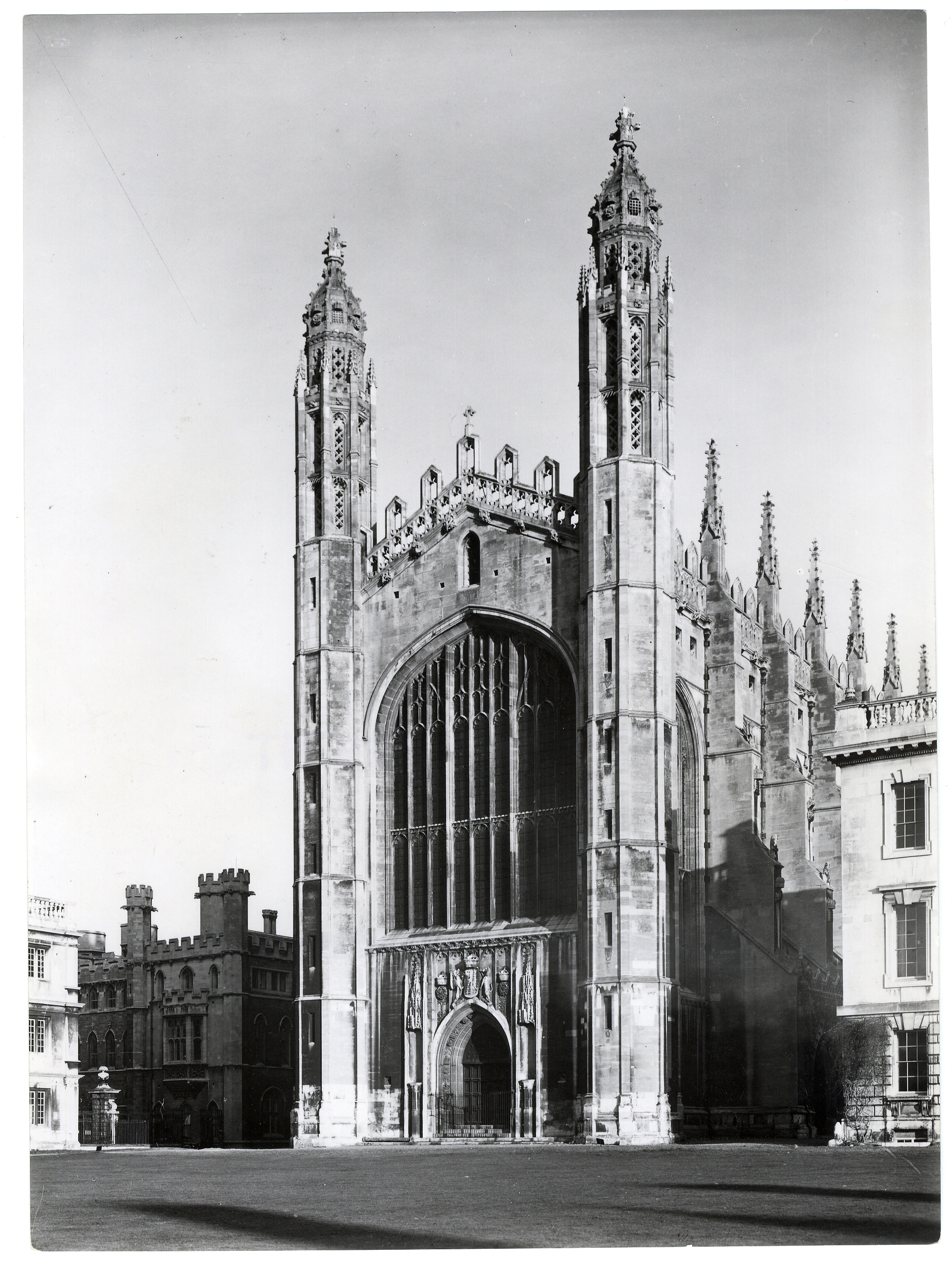 West front of Chapel, showing the stone used in the first period (the paler stone at the base of the towers). Photograph: RCHM, 1949. [Coll-Ph-757] 