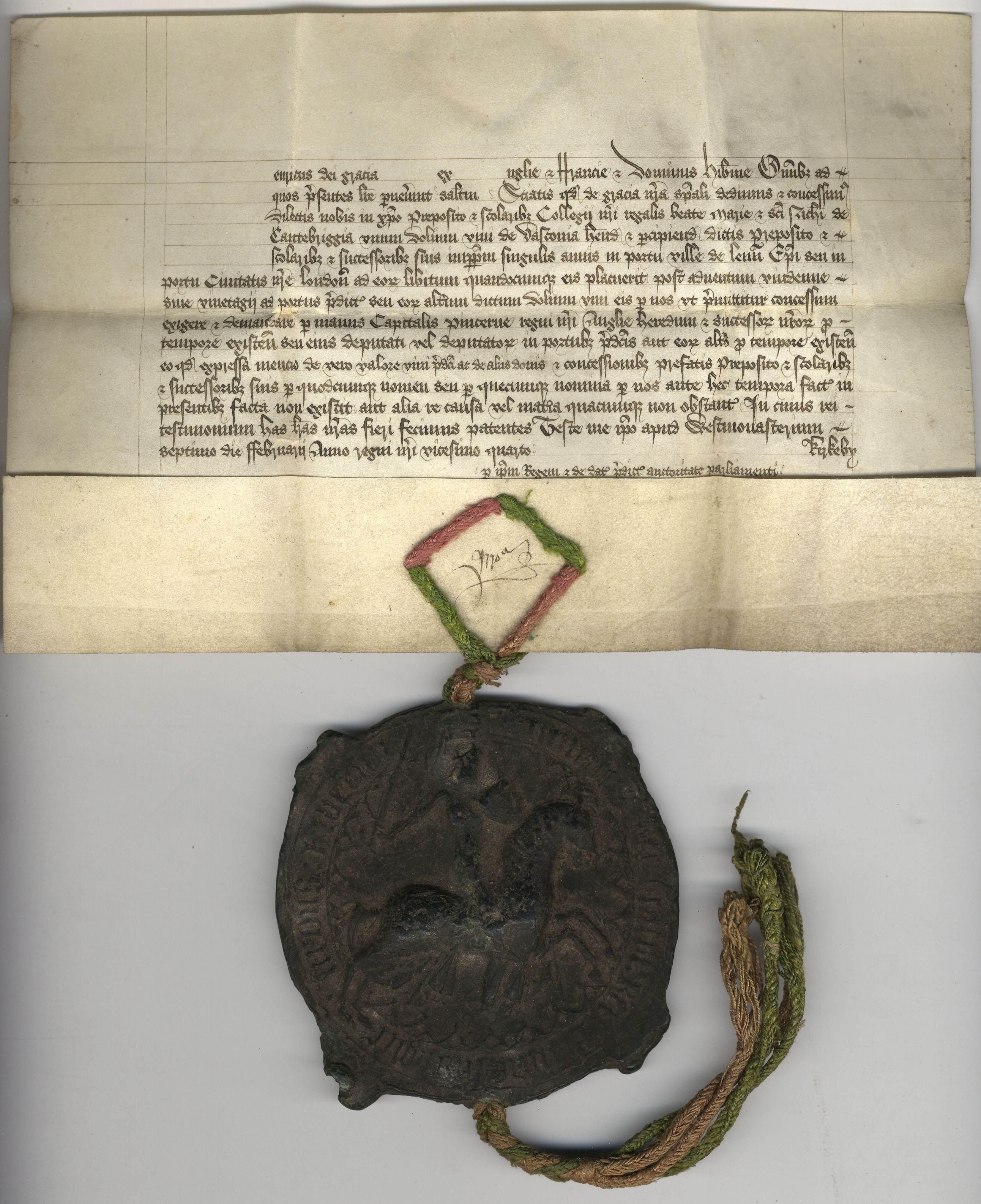 Royal Letters Patent granting an annuity of one tun (252 gallons) of wine in King's Lynn or London. 7 February 1446. Archive Centre, King’s College, Cambridge. KC/62 (recto)