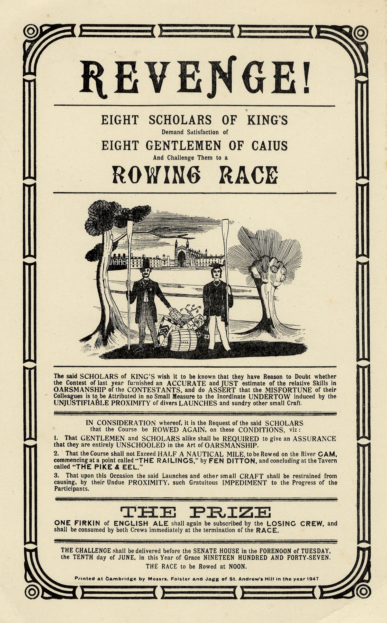 Satisfaction demanded of the “Gentlemen of Caius” by the “Scholars of King’s” in 1947. [KCAS/5/9]