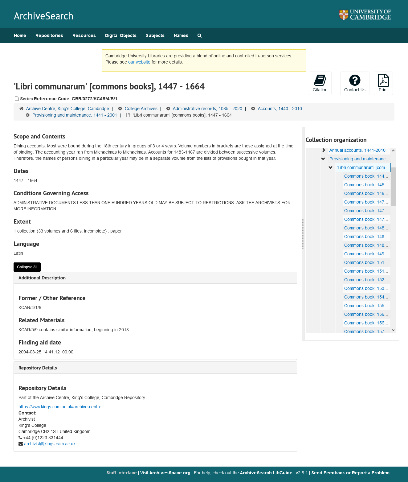 Screenshot from ArchiveSpace