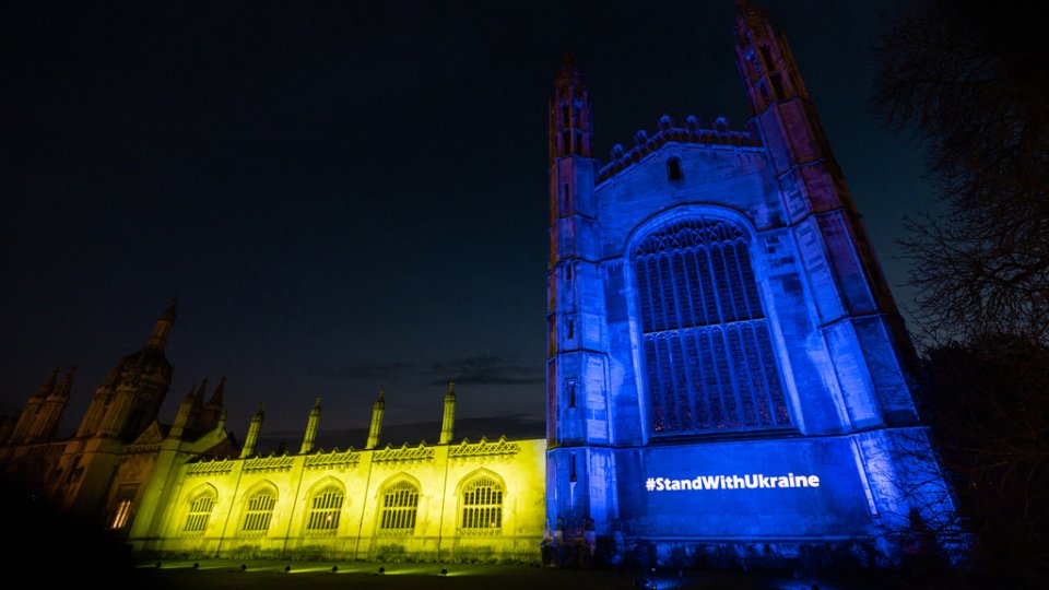 King's College Chapel lit in the colours of the Ukrainian flag