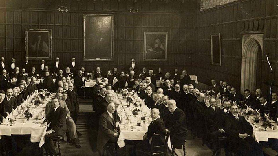Dinner in King's College Hall. [c.1900]