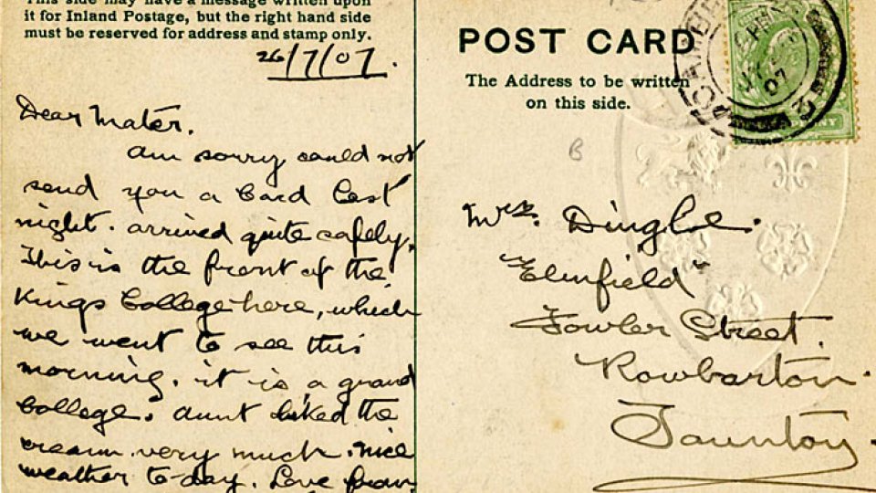 Postcard from Frank Dingle to his mother (26 July 1907)