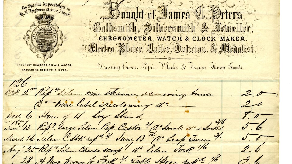 Receipt from James C. Peters in 1857 for repairs to a candlestick, a wine strainer and a cheese scoop. Peters also added a new prong to a fork.