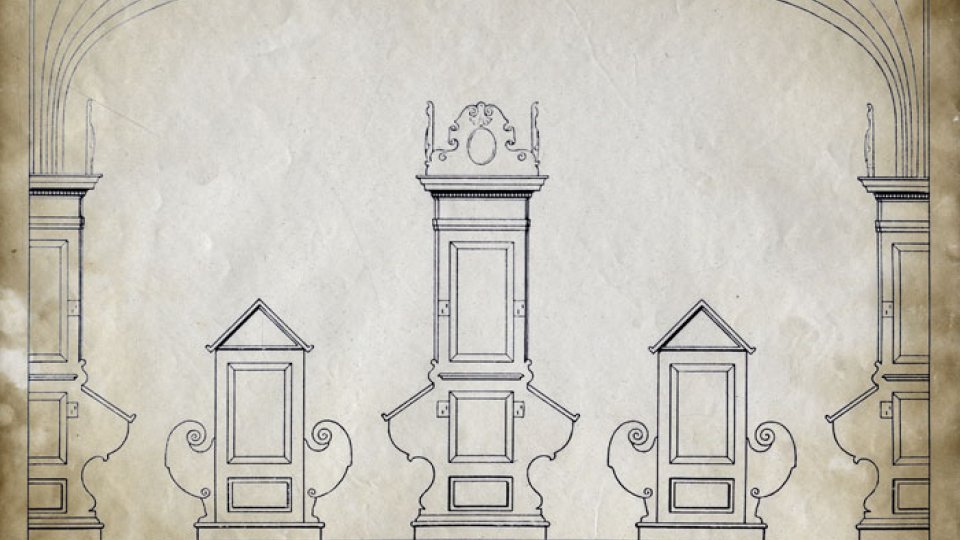 Photostat of a cross-section of the furnishings of the Chapel Library, undated, inverted for this website (Coll Photo 1097)