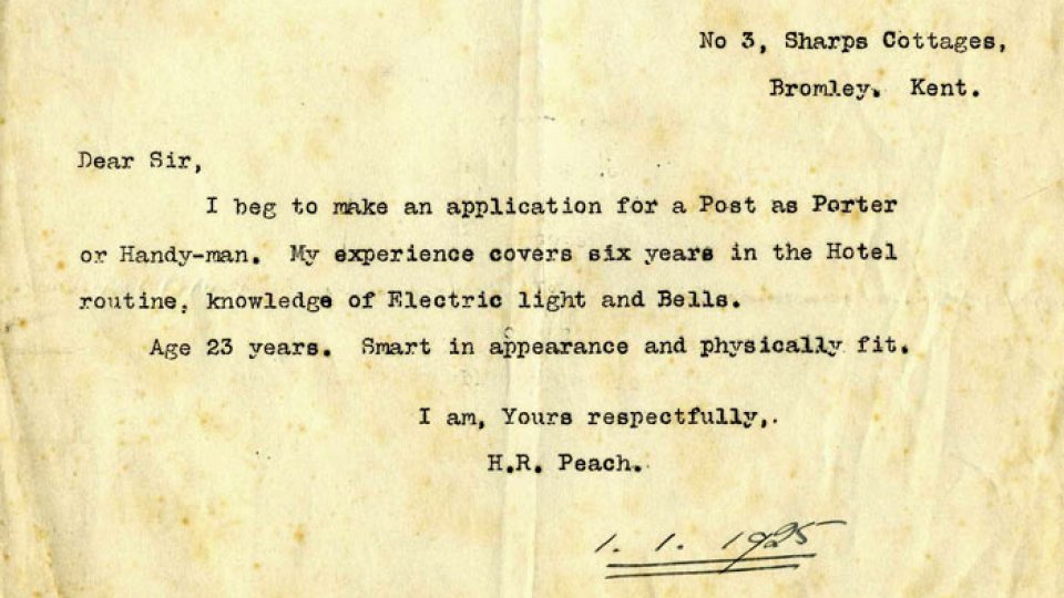 Letter seeking employment at King's College, 1925. [STF/34/02]