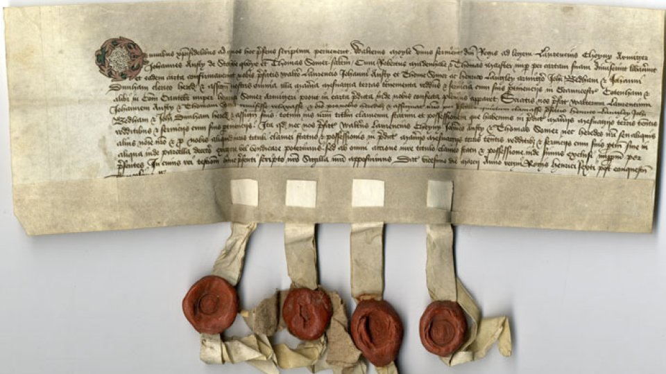 Part of the conveyance of lands in Grantchester, Cottenham and others in Cambridge from the executors of Henry Somer to King’s College.  20 March 1452. (GRA/11)