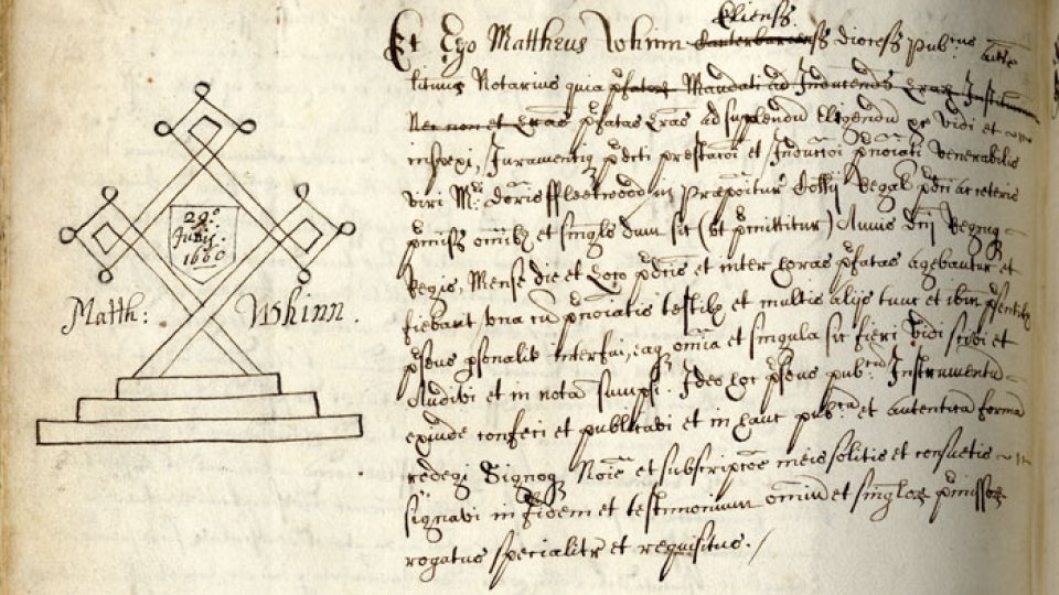 Mark of Matthew Whinn, Notary Public on the admission of James Fleetwood to the Provostship, 1660. (KCAC/2/1/3/210)
