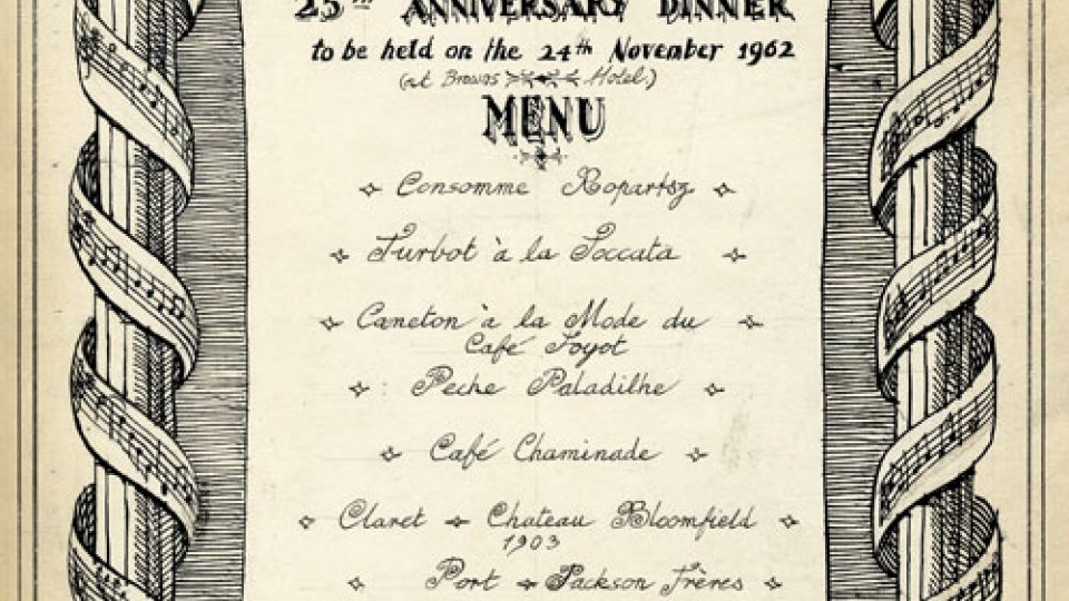 Menu for the Widor Society's 25th Anniversary dinner, 24 November 1962 (KCAS/21/4)