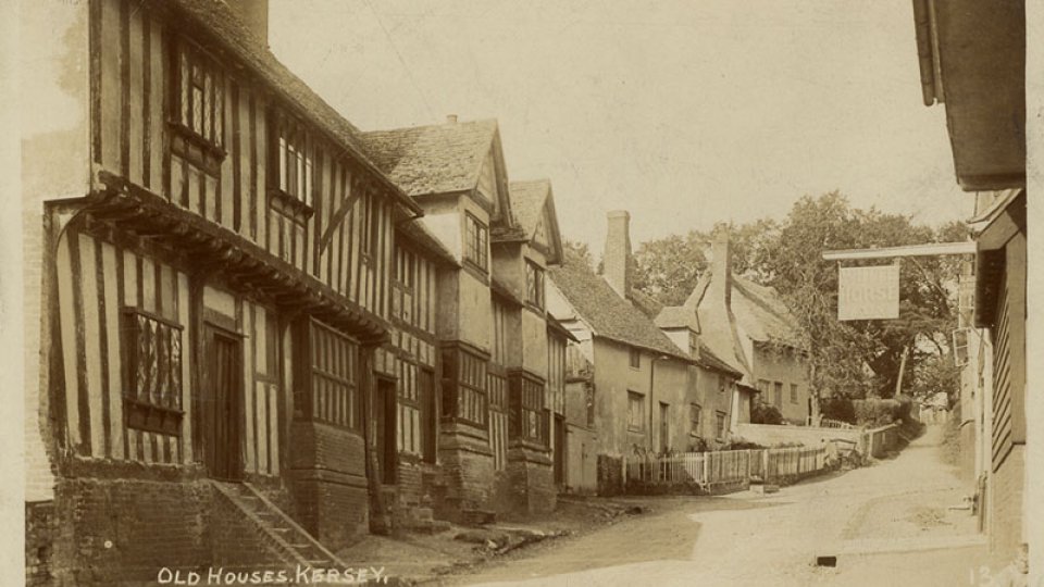 ‘Old Houses, Kersey’, postcard sent to the First Bursar, 1910. (KCE/298)