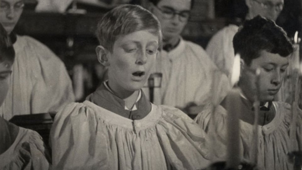Still of chorister singing, taken from ‘Christmas Under Fire’, November 1940. (KCPH/2/16/1)