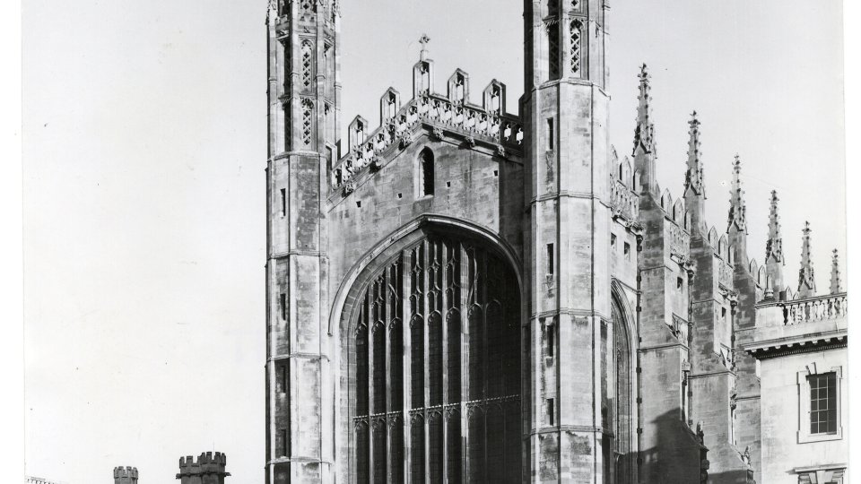 West front of Chapel, showing the stone used in the first period (the paler stone at the base of the towers). Photograph: RCHM, 1949. [Coll-Ph-757] 