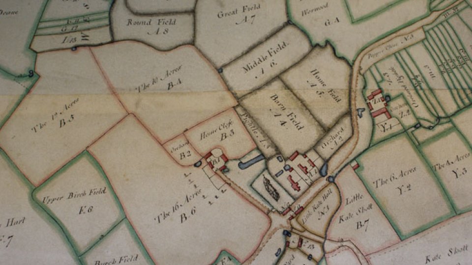 Detail from a survey of Great Greenford parish by R. Binfield, 1775, including Holy Cross church and glebe land (GRE/20).