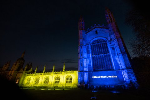 King's College Chapel lit in the colours of the Ukrainian flag