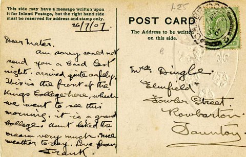 Postcard from Frank Dingle to his mother (26 July 1907) Postcard from Frank Dingle to his mother (26 July 1907)