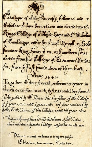 Title page of 16th century catalogue of Kingsmen (KCAC/1/1/11) Title page of 16th century catalogue of Kingsmen (KCAC/1/1/11)