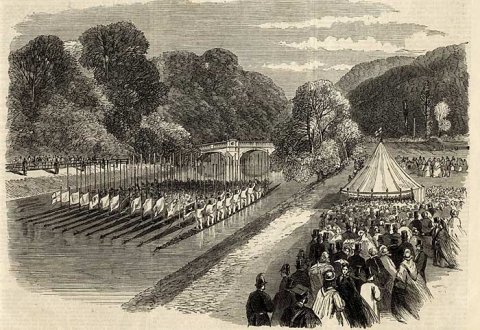 Engraving of boats on the River Cam to mark the Prince and Princess of Wales' visit to Cambridge, 1894. (KCHR/4/1)