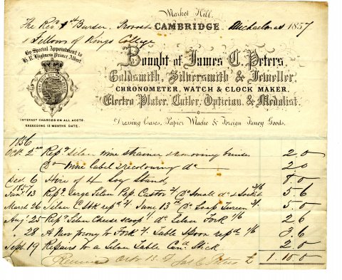 Receipt from James C. Peters in 1857 for repairs to a candlestick, a wine strainer and a cheese scoop. Peters also added a new prong to a fork. Receipt from James C. Peters in 1857 for repairs to a candlestick, a wine strainer and a cheese scoop. Peters also added a new prong to a fork.