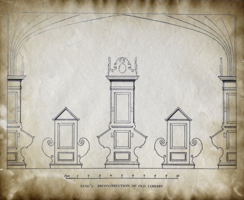 Photostat of a cross-section of the furnishings of the Chapel Library, undated, inverted for this website (Coll Photo 1097) Photostat of a cross-section of the furnishings of the Chapel Library, undated, inverted for this website (Coll Photo 1097)
