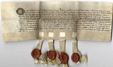Part of the conveyance of lands in Grantchester, Cottenham and others in Cambridge from the executors of Henry Somer to King’s College. 20 March 1452. (GRA/11) Part of the conveyance of lands in Grantchester, Cottenham and others in Cambridge from the executors of Henry Somer to King’s College. 20 March 1452. (GRA/11)