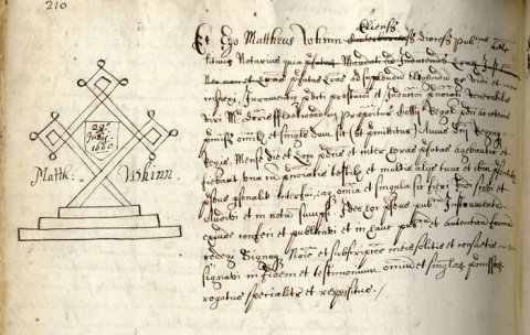 Mark of Matthew Whinn, Notary Public on the admission of James Fleetwood to the Provostship, 1660. (KCAC/2/1/3/210) Mark of Matthew Whinn, Notary Public on the admission of James Fleetwood to the Provostship, 1660. (KCAC/2/1/3/210)