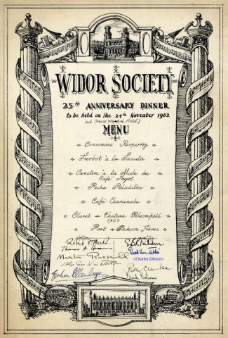 Menu for the Widor Society's 25th Anniversary dinner, 24 November 1962 (KCAS/21/4) Menu for the Widor Society's 25th Anniversary dinner, 24 November 1962 (KCAS/21/4)