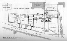 Approximate ground plan of the Provost’s Lodge when the Queen visited. The brick building was built in the 17th century, over a part of the Lodge. (Willis and Clark fig 54 p 545)