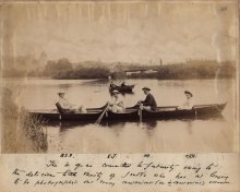 Photograph from C.R. Ashbee’s journal of R[oger] E[liot] F[ry], E[dward] J[enks], MacEwan and C[harles] R[obert] A[shbee] on a 4 day long trip along the Thames from Abington to Windsor, in June 1886. [CRA/1/2, f.208]