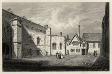Old Court. The College’s original dining hall is the gabled building at the centre, with smoke rising from its chimney. (Cooper’s Memorials vol 1 p 225)