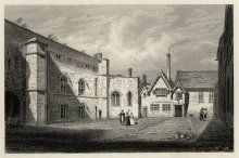 Old Court. The College’s original dining hall is the gabled building at the centre, with smoke rising from its chimney. (Cooper’s Memorials vol 1 p 225) Old Court. The College’s original dining hall is the gabled building at the centre, with smoke rising from its chimney. (Cooper’s Memorials vol 1 p 225)