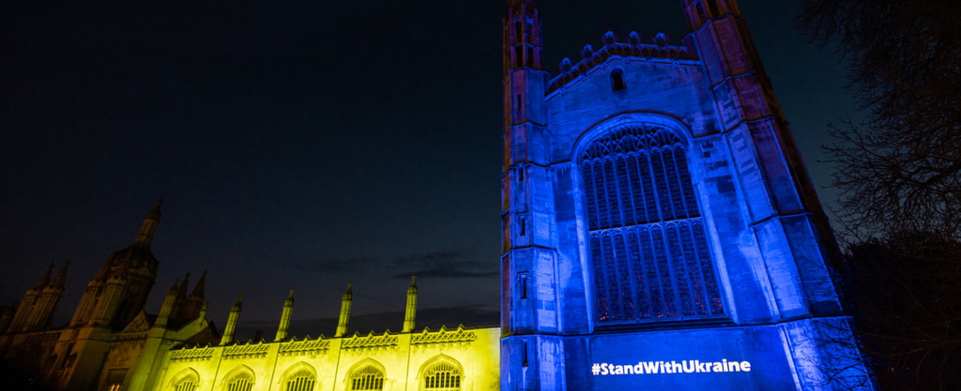 King's College Chapel lit in the colours of the Ukrainian flag
