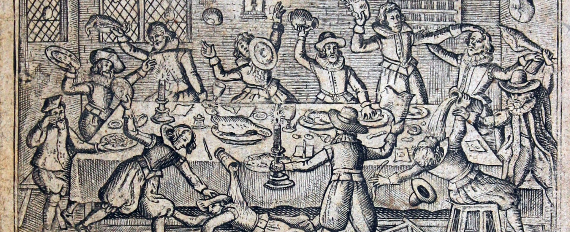 Etching depicting food fight the_counter_scuffle_crop